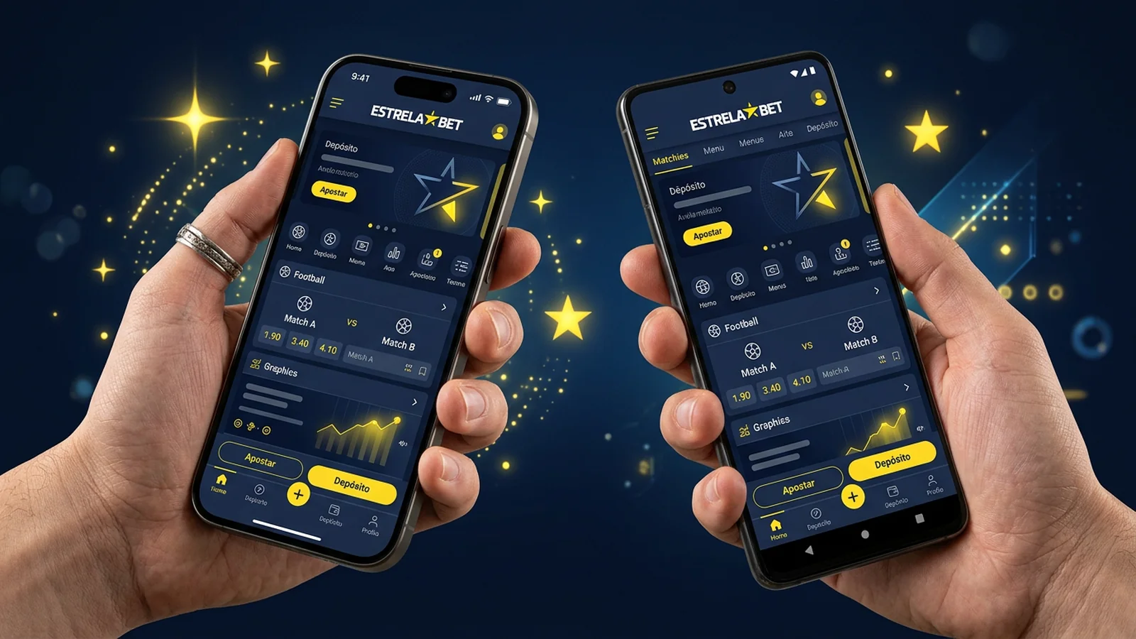 Smartphone Android exibindo app Estrela Bet em fundo navy
