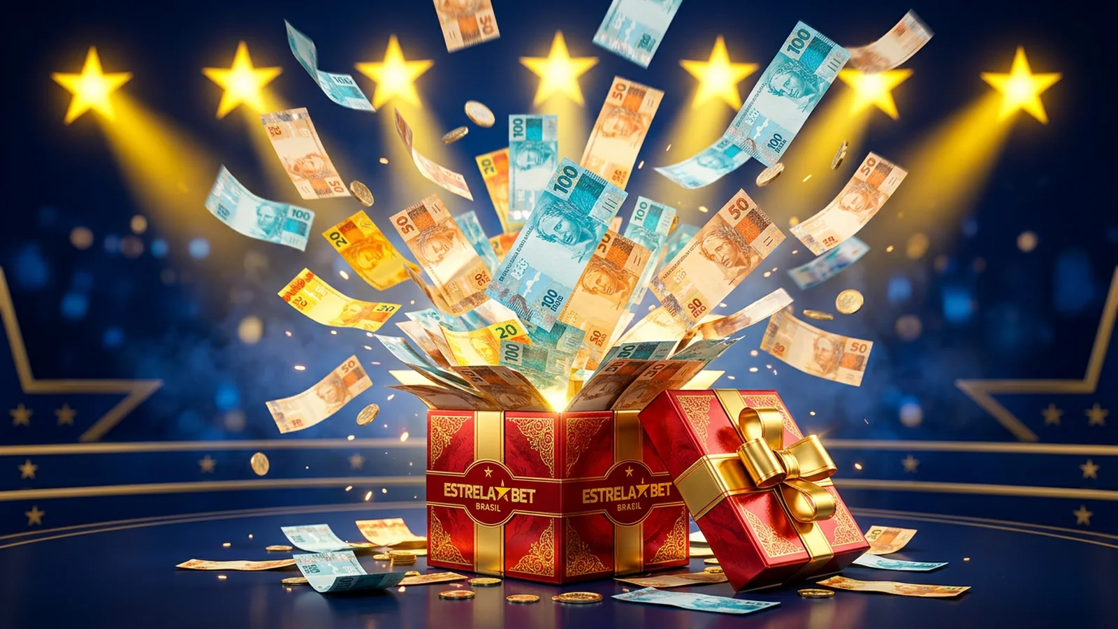 Banner de bônus Estrela Bet com R$300 em destaque sobre fundo navy