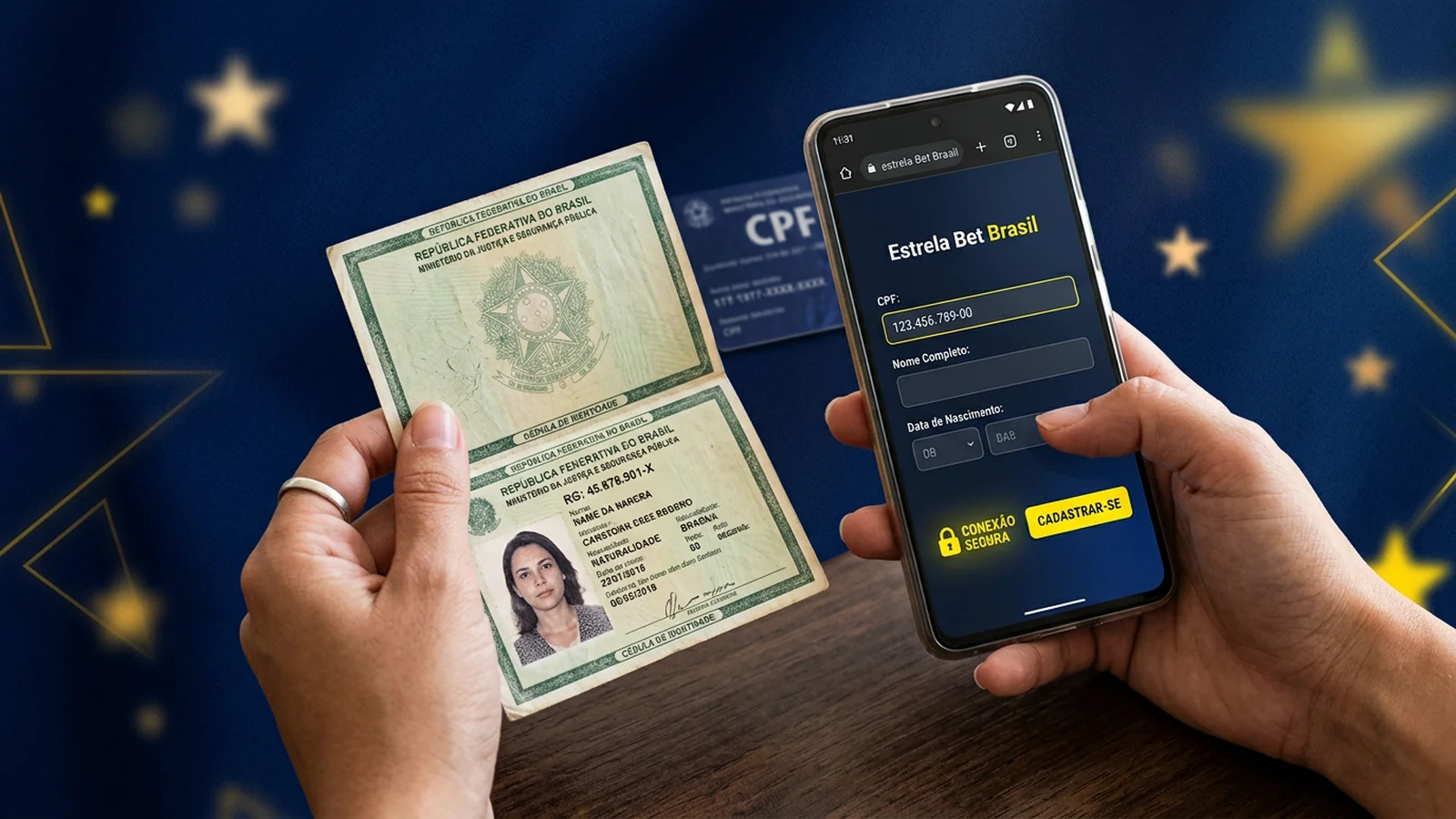 Tela de cadastro Estrela Bet em azul-marinho — formulário CPF e e-mail