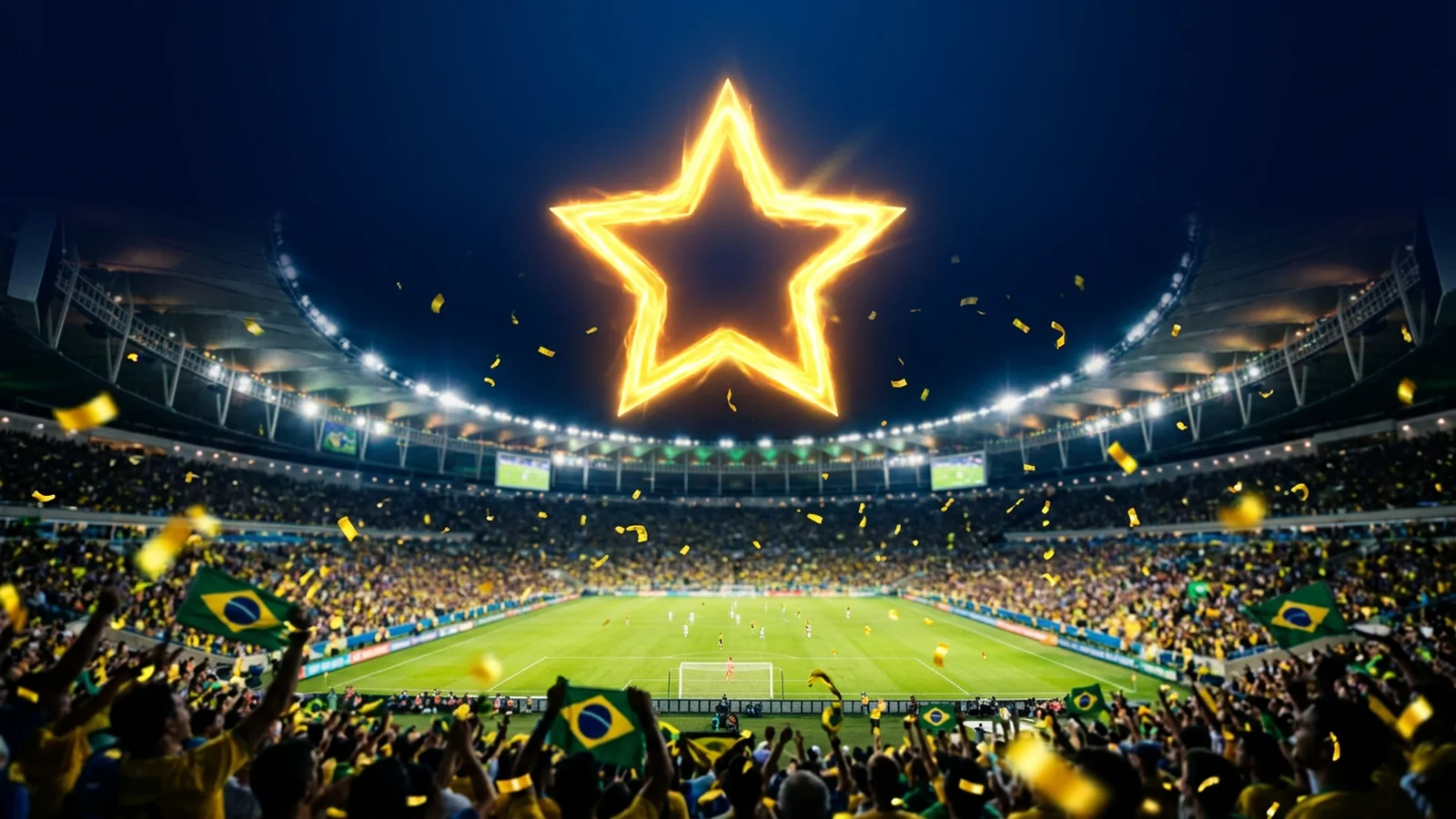 Logo Estrela Bet em azul-marinho e amarelo sobre fundo navy com estrelas — análise Brasil 2026
